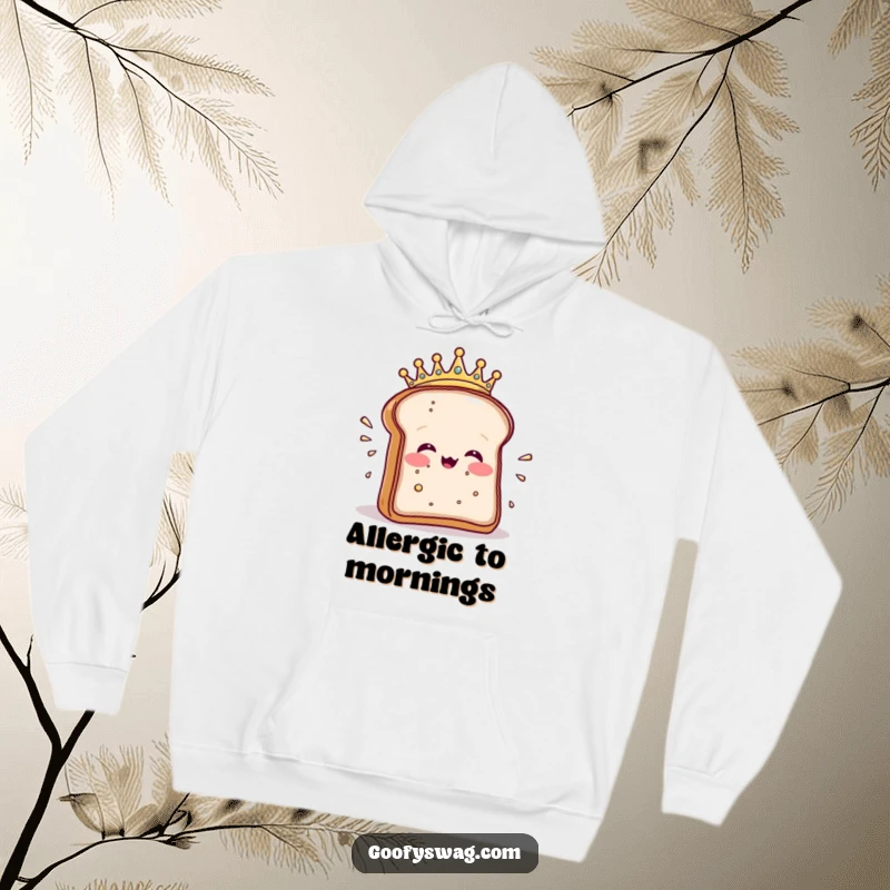 Funny hoodie featuring a crowned toast slice dramatically sneezing crumbs, perfect for cozy breakfast fun.