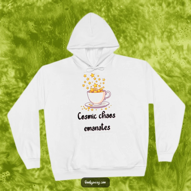 Funny Hoodie showcasing a teacup dramatically spilling a shower of bright stars, illustrating a cosmic, magical moment.