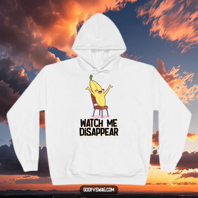 Funny Banana Peel Hoodie with a winking peel performing a dramatic backflip off a chair, combining warmth with comedy.