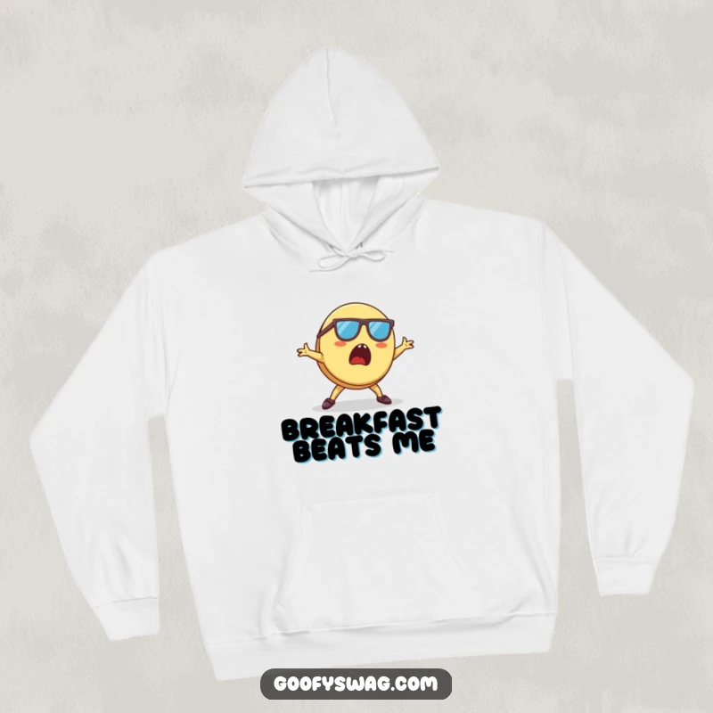 Funny Pancake Hoodie with tiny sunglasses, showing a surprised pancake mid-breakdance, combining warmth with humor.