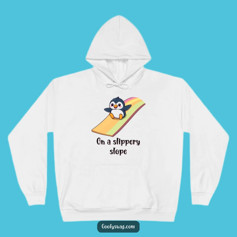 Cozy Funny Penguin Ramp Hoodie: Warm laughs with a clumsy, colorful design