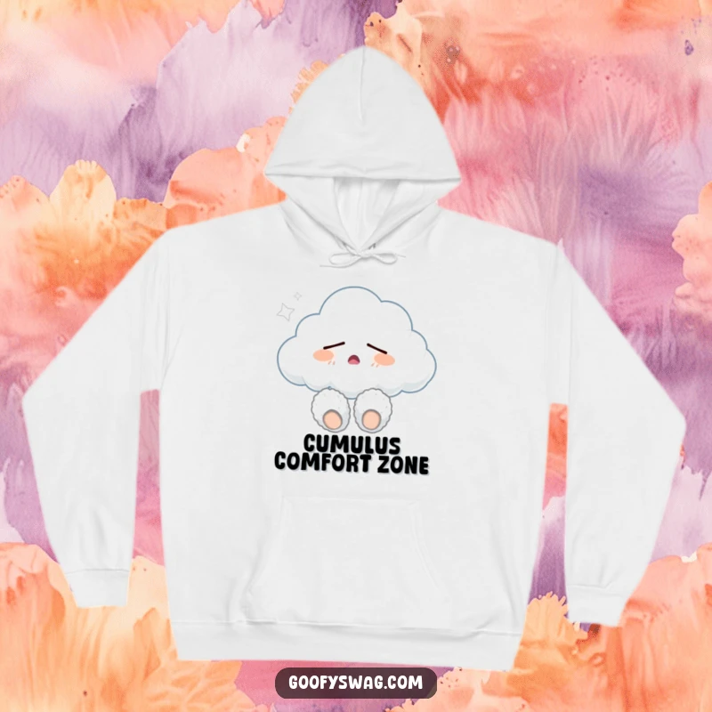 Funny sleepy cloud wearing fuzzy slippers and yawning, a plush hoodie design offering warmth, comfort, and a good dose of humor.