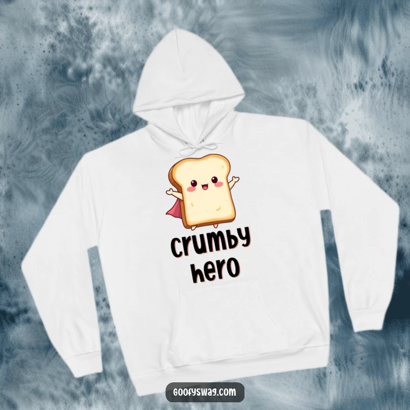Funny Flying Toast Hoodie: A slice of toast with a tiny cape flying heroically, bringing cozy and humorous vibes.