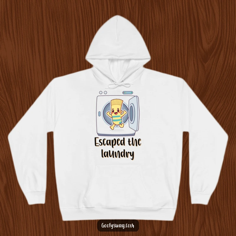 Funny determined sock character escaping a dryer, depicted on a cozy and humorous hoodie.