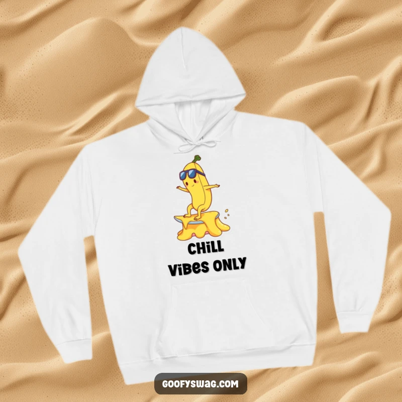 Funny happy banana character surfing on a melting ice cream cone, printed on a warm, hooded sweatshirt.