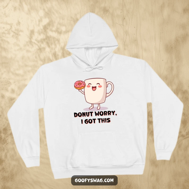 Funny Coffee Mug Hoodie: A cozy hoodie featuring a dancing coffee mug balancing a donut, bringing warm and cheerful vibes.