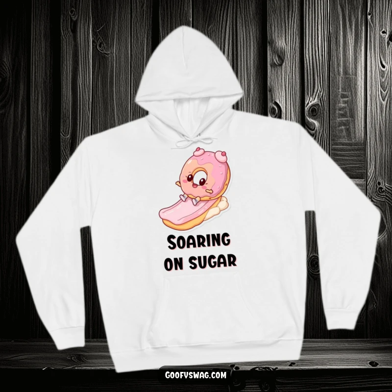 Funny donut character enjoying a sweet slide down frosting on a cozy hoodie, bringing warmth and playful humor.