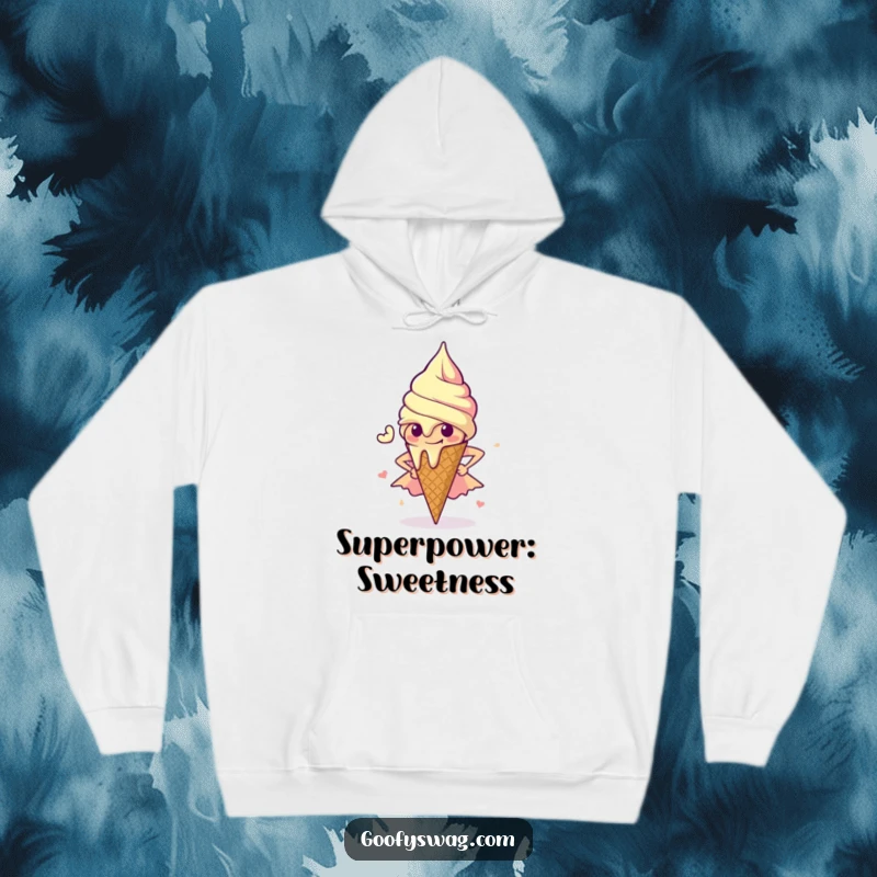 Funny Ice Cream Hoodie: A cozy hoodie featuring a melting ice cream cone in a dramatic superhero pose, exuding power and charm.