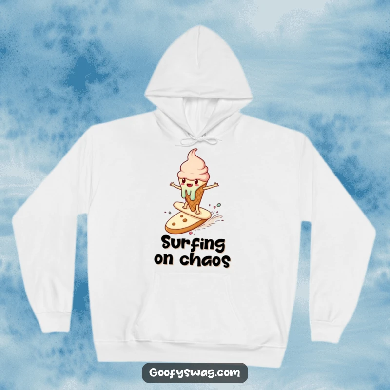 Funny hoodie illustrating a melting ice cream cone surfing a runaway cookie, a cool and amusing design for casual wear.