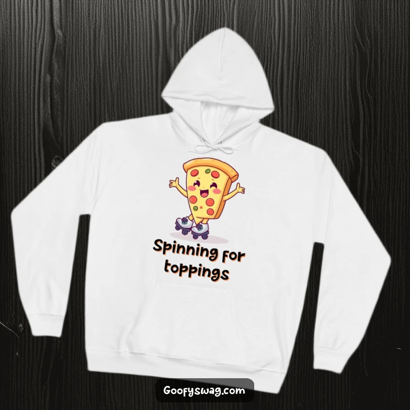 Funny pizza slice wearing roller skates, spinning with glee, featured on a cozy hoodie, a delightful sight.