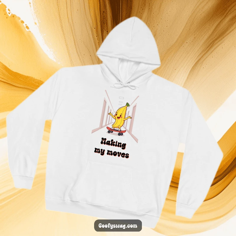 Funny hoodie illustrating a delighted banana peel skateboarding down a hallway, combining comfort with a dash of humorous action.