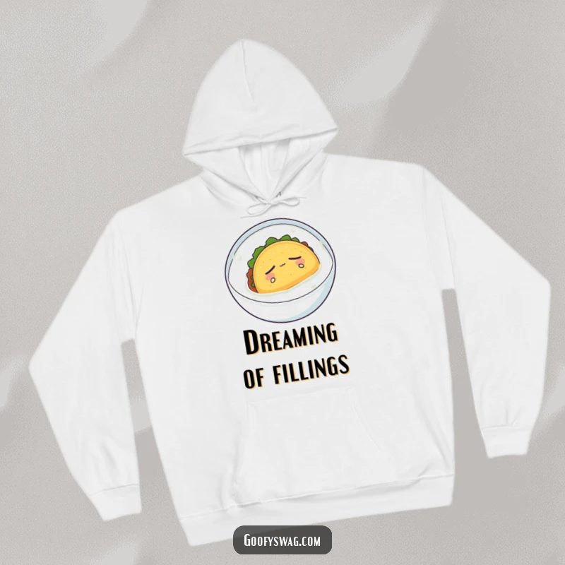 Funny hoodie with a sleepy taco floating serenely in milk, depicting cozy and humorous breakfast comfort.