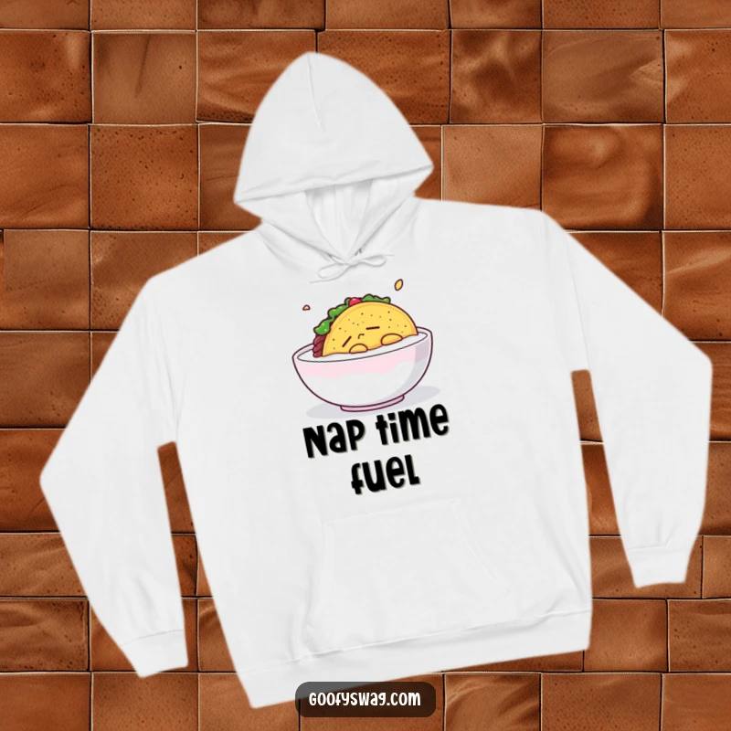 Funny Sleepy Taco Hoodie: A sleepy taco floating in milk is featured on this warm and humorous hoodie.