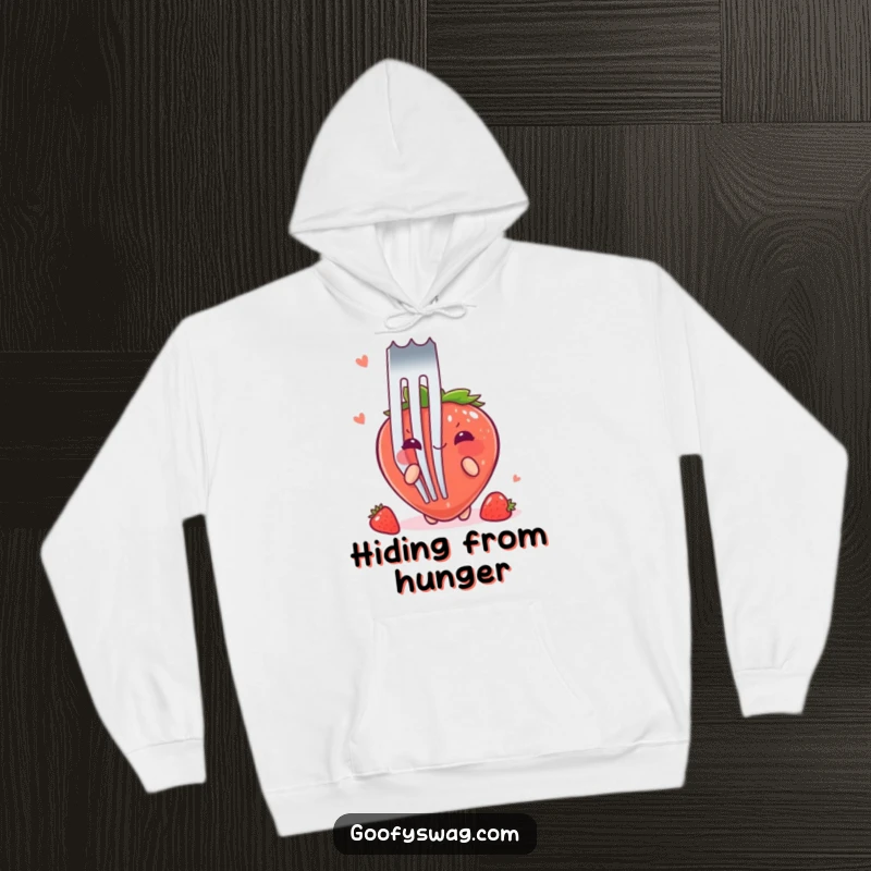 Funny Strawberry Fork Hoodie: A blushing strawberry hiding behind a giant fork is featured on this cozy and humorous hoodie.