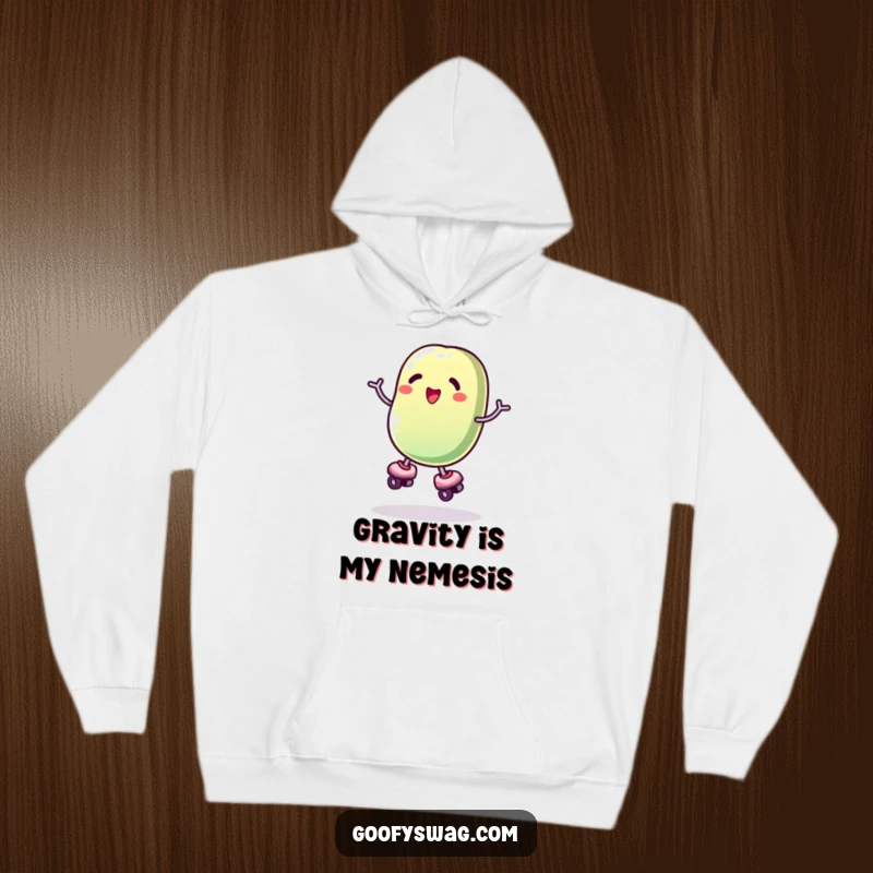 Funny roller skating jelly bean hoodie, depicted awkwardly balancing on skates, ideal for a cozy, humorous vibe.
