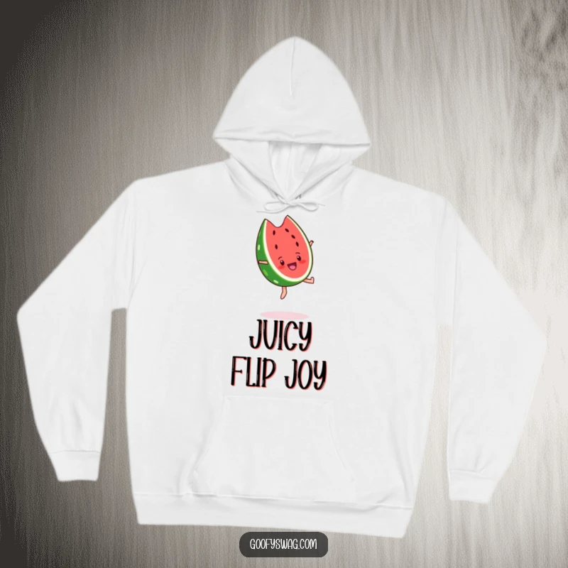 Funny watermelon slice hoodie, mid-backflip with an ecstatic expression. Cozy apparel bringing summer vibes and cheerful humor.