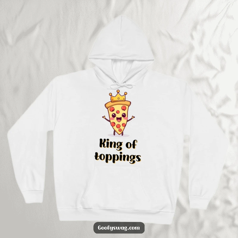 Funny proud pizza slice character wearing a tiny crown, on a warm and humorous hoodie.