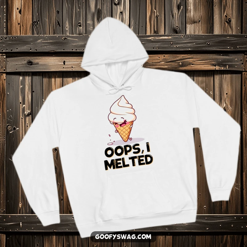 Funny clumsy ice cream cone character tripping over its own sprinkle, on a warm and humorous hoodie.