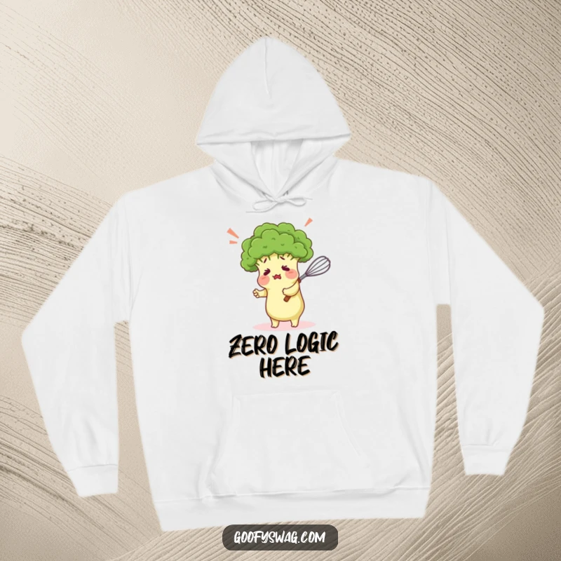 Funny hoodie depicting a confused broccoli floret comically hugging a kitchen whisk, offering comfort and a good laugh for all.