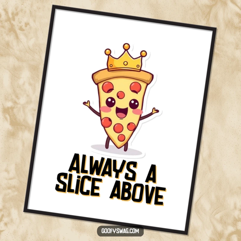 Funny Free Printable Wall Art: Proud pizza slice character wears a tiny crown, majestic and delicious downloadable art.