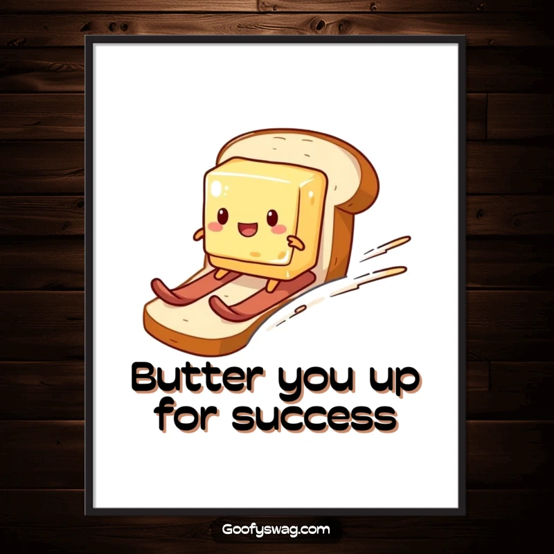 Funny Free Printable Wall Art: A slice of butter humorously skis down a loaf of bread.