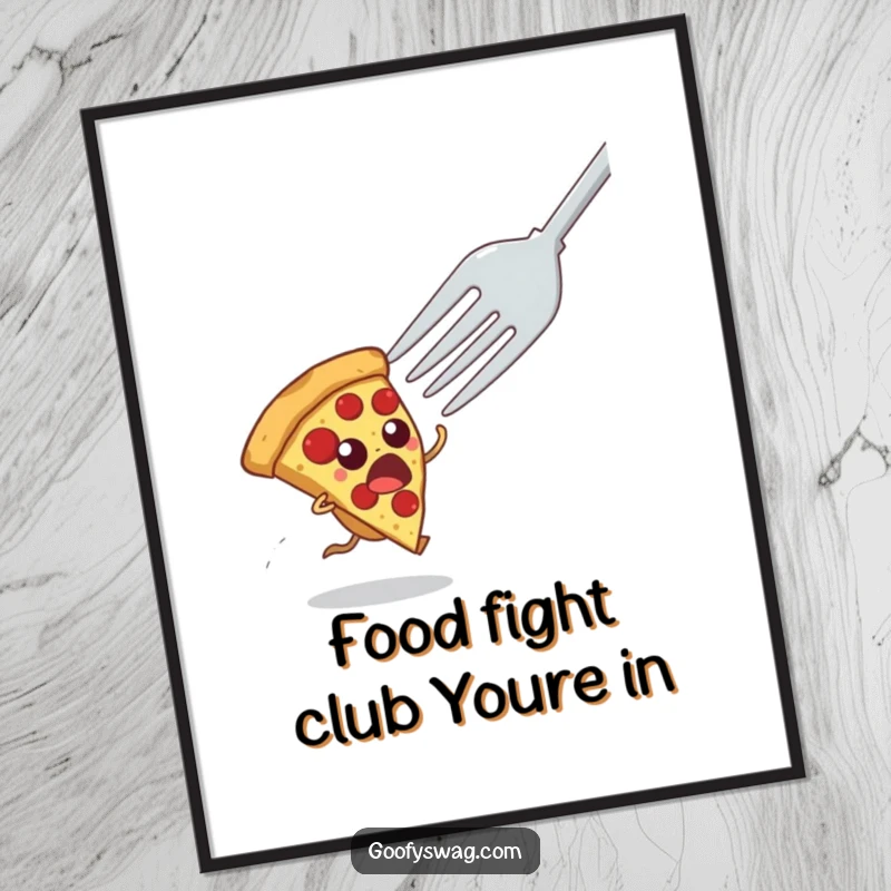 Free Printable Wall Art: A startled pizza slice dramatically fleeing from a massive fork, adding quirky humor to any room decor.
