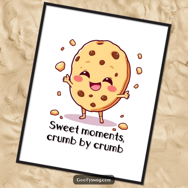 Funny Free Printable Wall Art: Giggling cookie character juggles crumbs, mischievous and fun downloadable art.