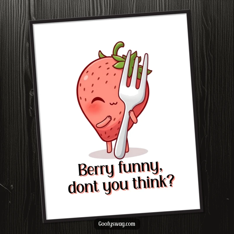 Funny Free Printable Wall Art: Adorable blushing strawberry hiding behind a giant fork, full of personality.