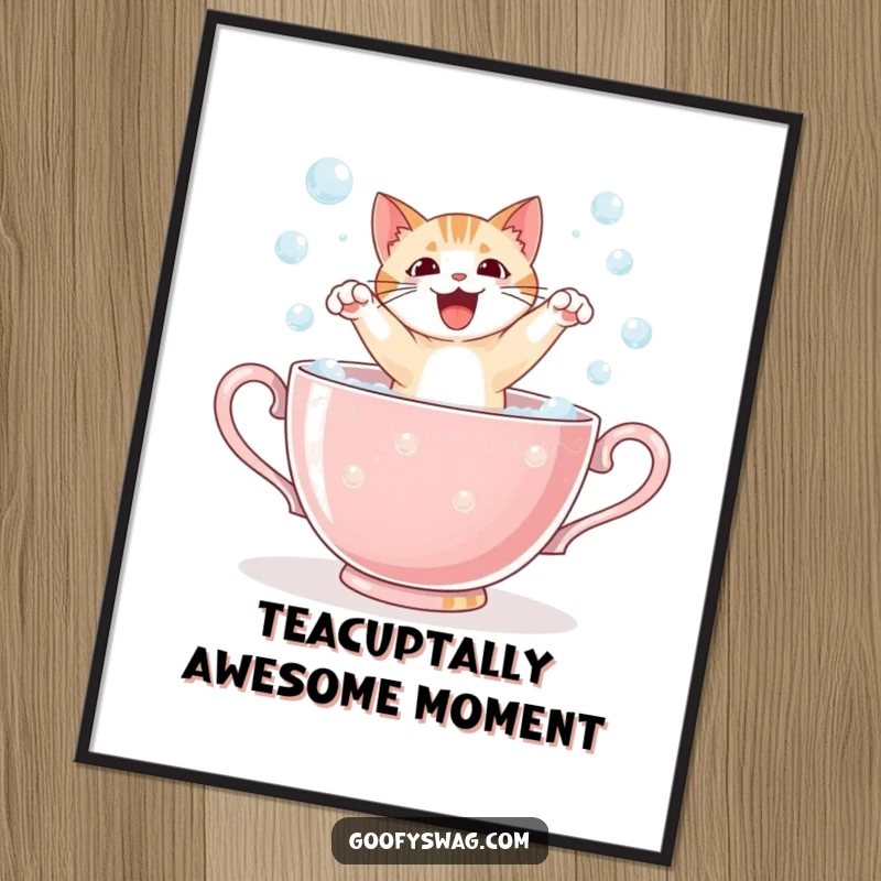 Funny Free Printable Wall Art: Startled cat bursts from a giant bubbly teacup, cartoon art, humorous home decor, DIY download.