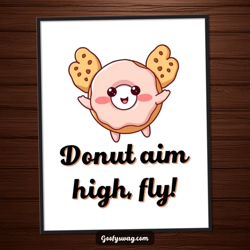 Funny Free Printable Wall Art: A blushing donut attempting to fly using cookie wings, a whimsical and charming piece.