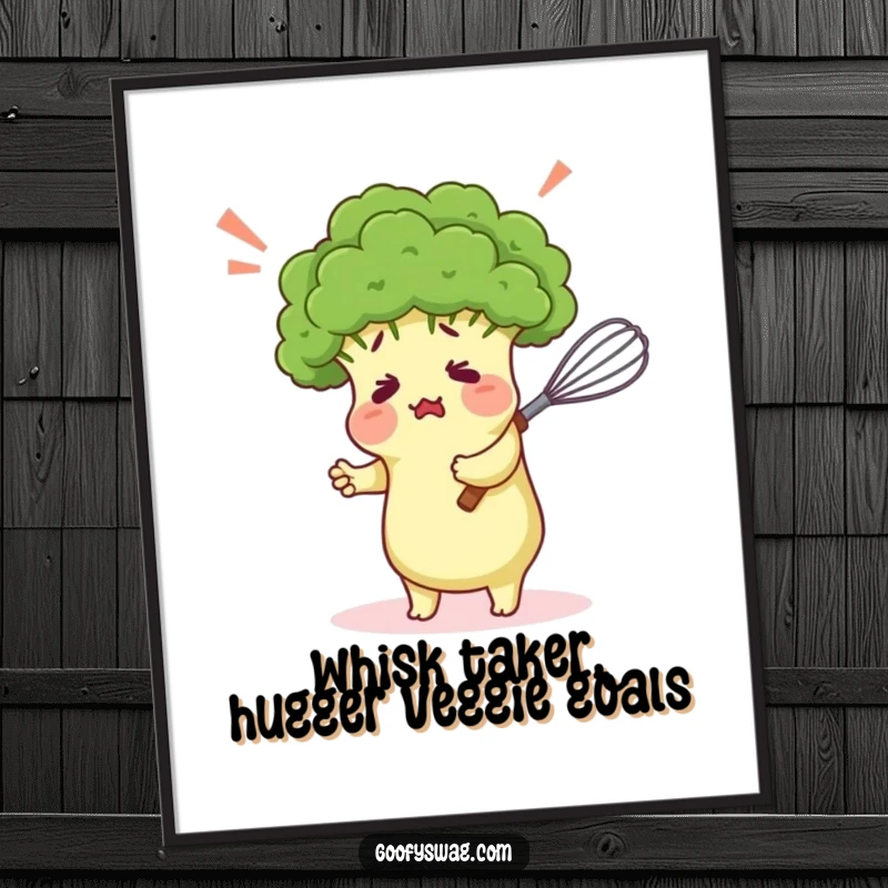 Funny Free Printable Wall Art: A confused broccoli flaret comically embracing a whisk, creating a humorous kitchen or dining room scene.