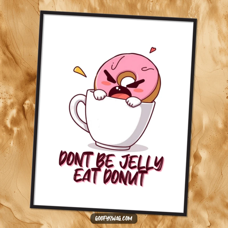 Free Printable Wall Art: A grumpy donut speeding out of a coffee mug, injecting quirky, caffeine-fueled humor into your wall decor.