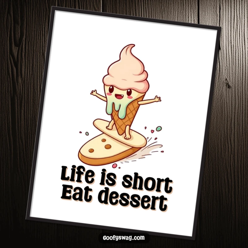 Free Printable Wall Art: An ice cream cone joyfully surfing on a runaway cookie, bringing quirky, sweet humor to your space.