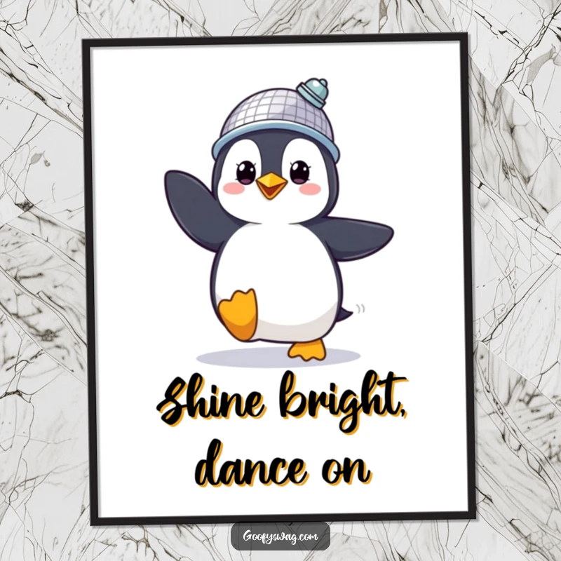Funny Free Printable Wall Art: A proud penguin wearing a disco ball hat dances energetically, bringing disco vibes.