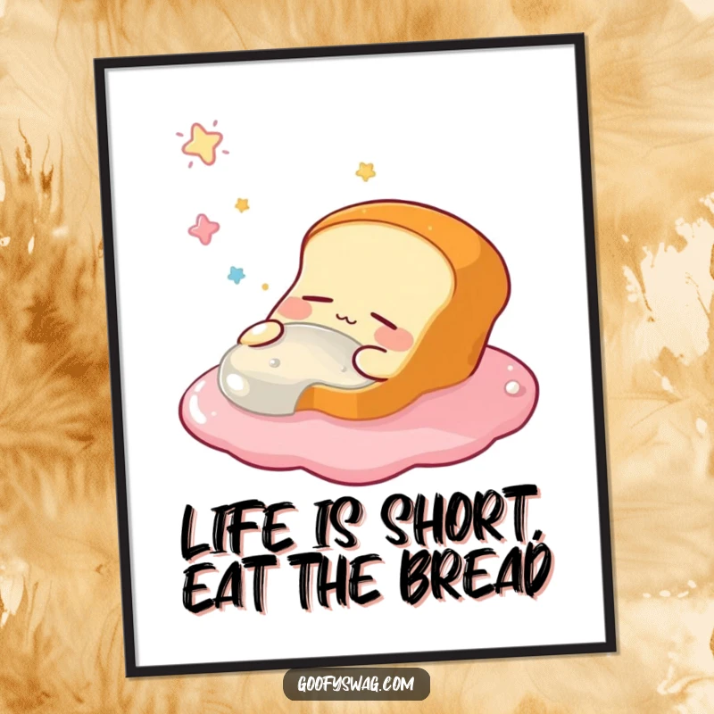 Funny Free Printable wall art showing a cozy, sleepy bread loaf with eyes closed, dreaming of floating blissfully in a pool of jelly.