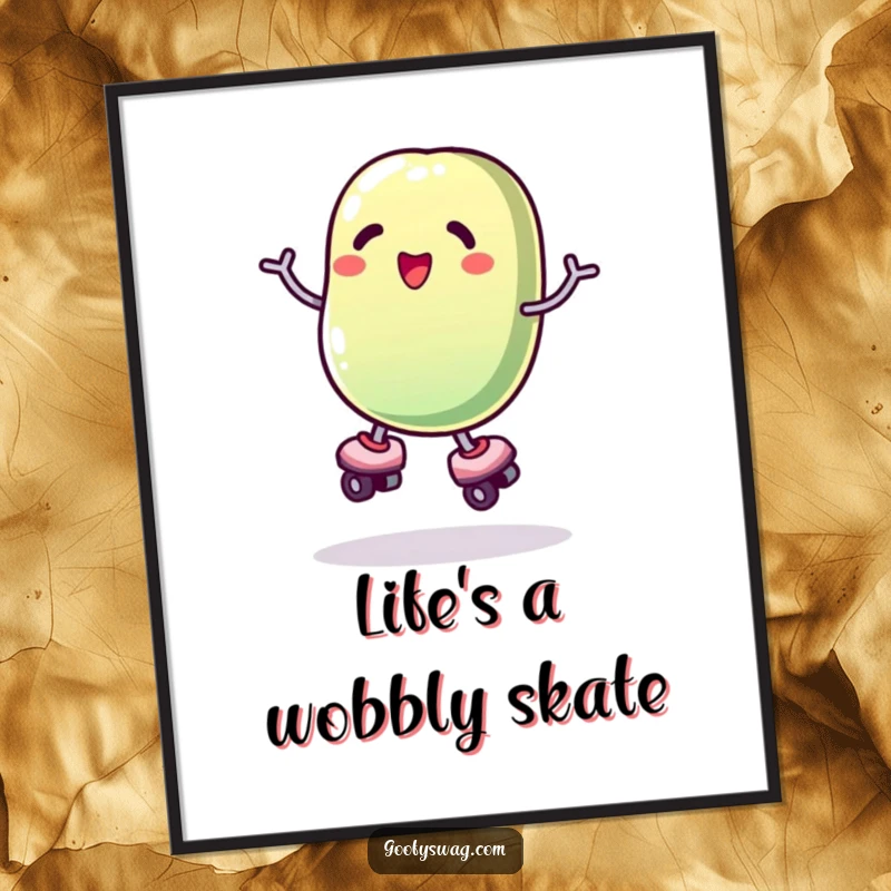 Funny Free Printable Wall Art: A jelly bean on roller skates losing balance, a comical, charming illustration.