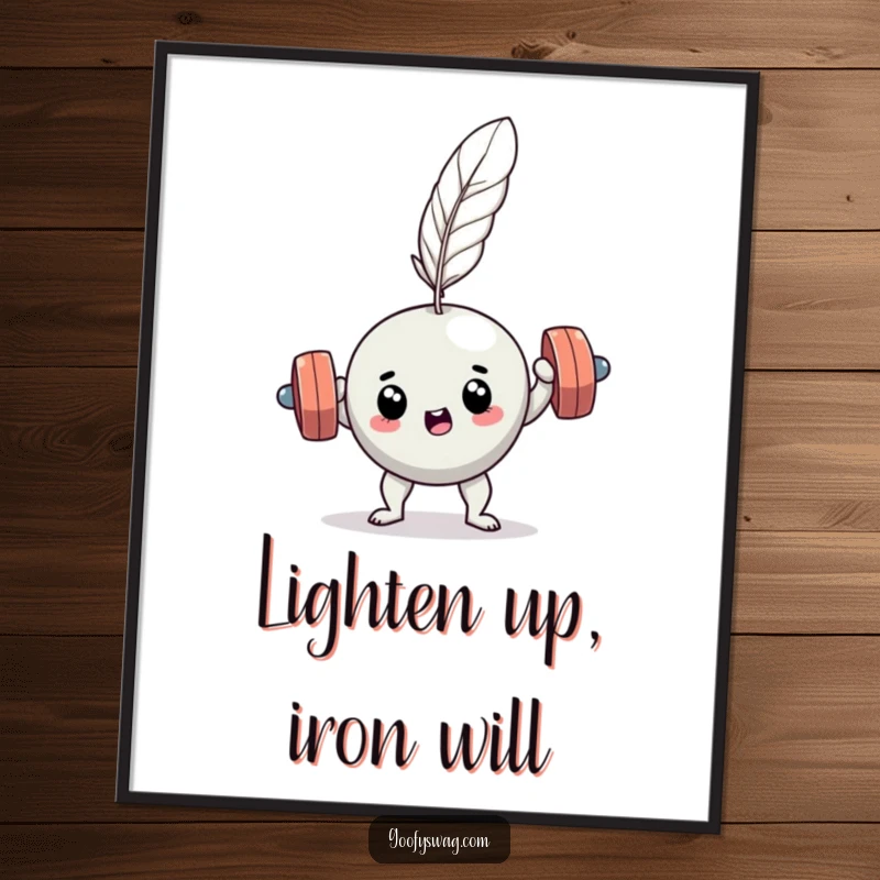 Funny Free Printable Wall Art: A dumbbell determinedly attempting to lift a single feather, a comical juxtaposition.