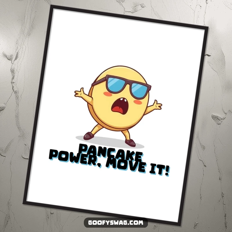 Funny Free Printable Wall Art: A surprised pancake wearing sunglasses attempting breakdancing, a whimsical art piece.