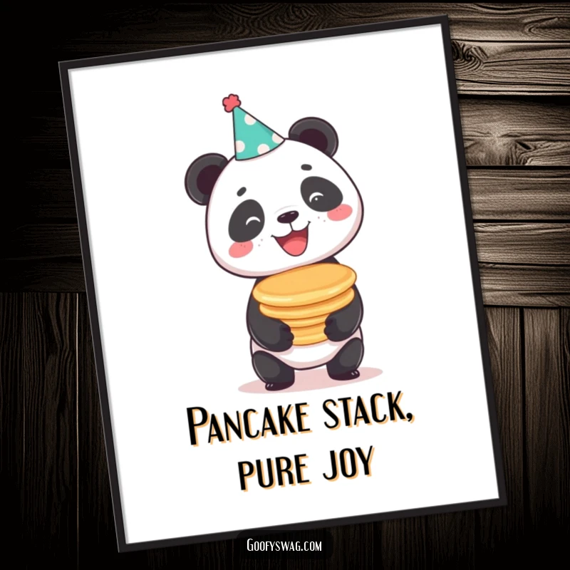 Funny Free Printable Wall Art: Smiling panda in party hat balances pancakes, cartoon art, humorous home decor, DIY download.