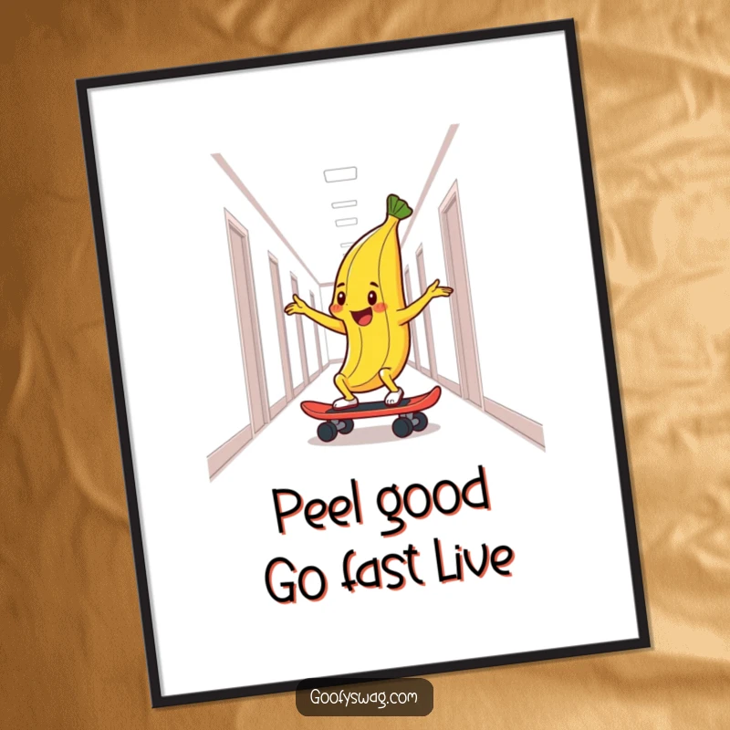 Free Printable Wall Art: A delighted banana peel confidently skateboarding down a hallway, bringing dynamic, humorous energy to your decor.