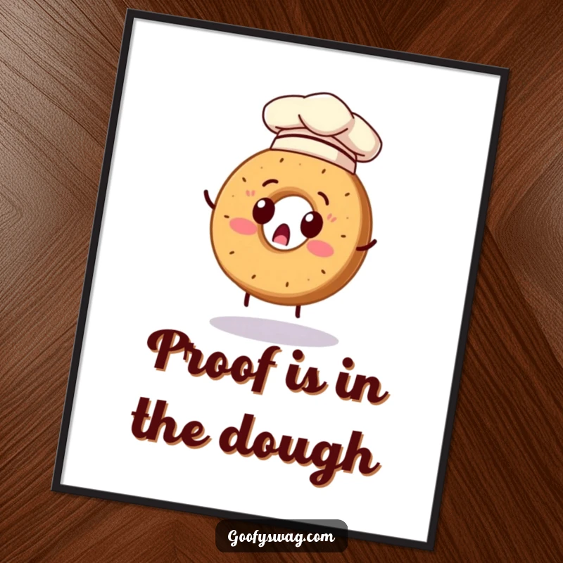 Funny Free Printable Wall Art: A surprised bagel wearing a tiny chef hat attempts to flip itself.