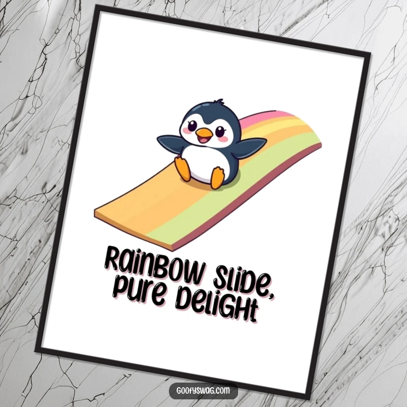 Funny Free Printable Wall Art: Clumsy penguin slides down a rainbow ramp, cartoon art, humorous home decor, DIY download.