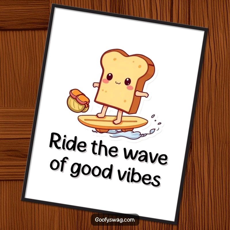 Funny free printable wall art: a piece of toast riding a tiny broom like a surfboard, delivering smiles and sunshine.