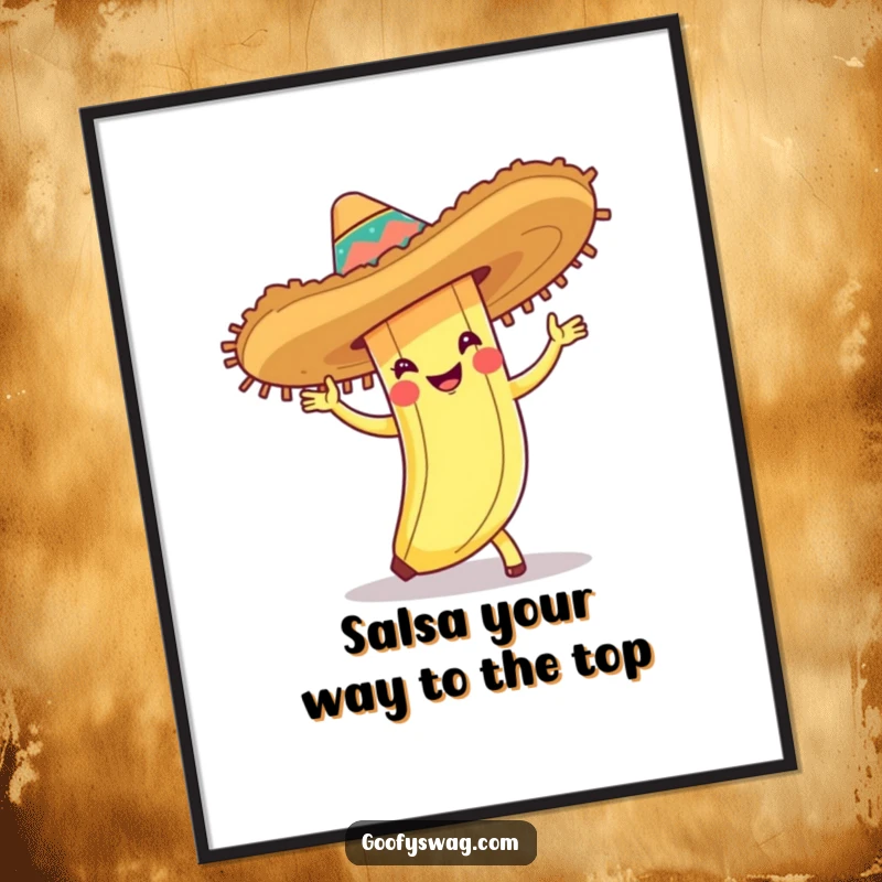 Funny Free Printable Wall Art, a banana peel wearing a sombrero, doing the cha-cha with energetic and colorful flair.