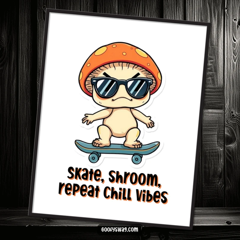 Funny Free Printable Wall Art: A grumpy mushroom with sunglasses on a skateboard, exuding coolness and a hint of rebellion.