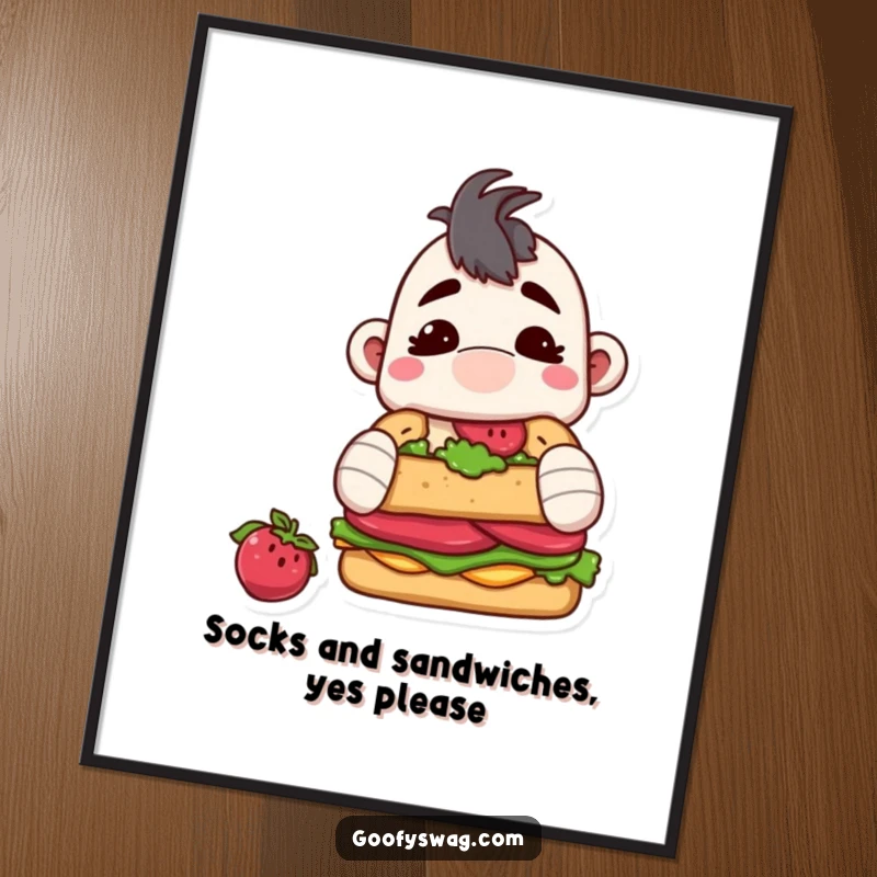 Funny free printable wall art: a mischievous sock puppet attempting to eat a whole sandwich, full of playful energy.