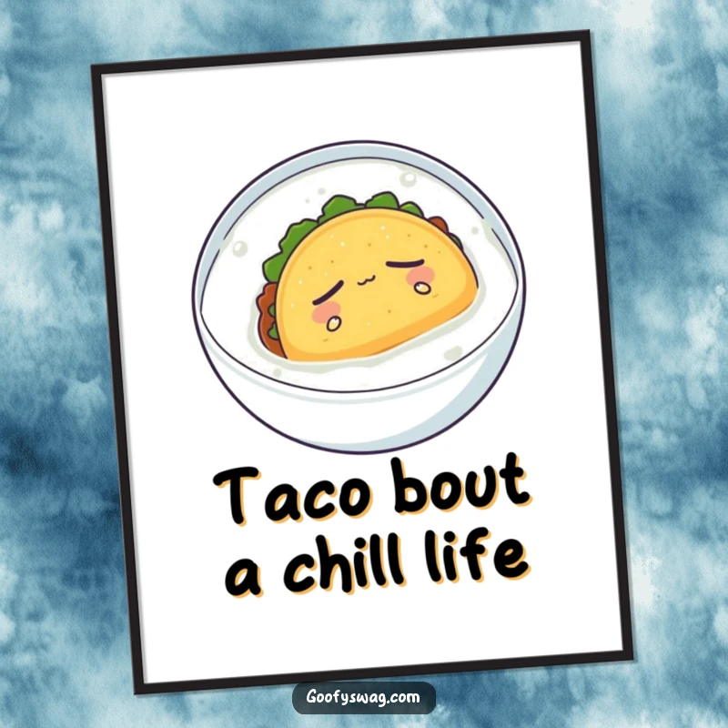 Funny Free Printable Wall Art: A taco floating peacefully in milk, embodying ultimate relaxation, quirky downloadable art.