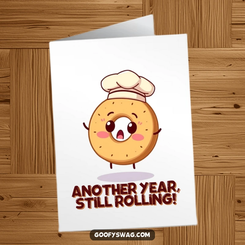 Funny Free Printable Birthday Card: Surprised bagel in chef hat hilariously attempts a pancake flip.