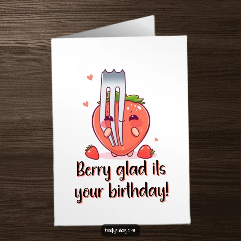 Funny Free Printable Birthday Card: A blushing strawberry peeks from behind a huge fork, feeling shy on a birthday.