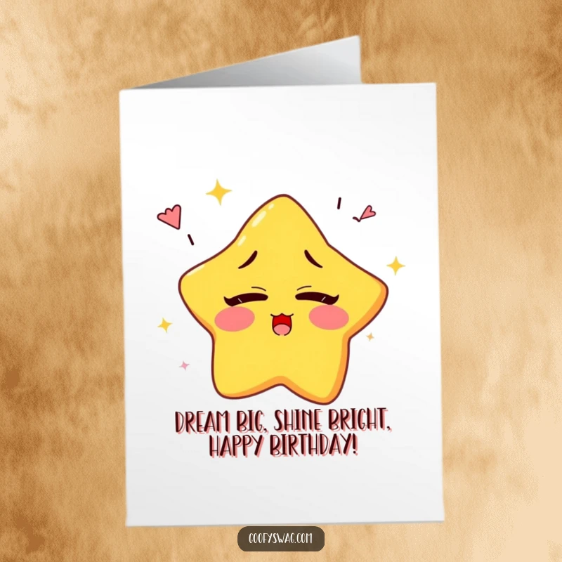 Funny Free Printable Birthday Card: Sleepy star character yawns colorful rainbows while blinking, cute downloadable message.